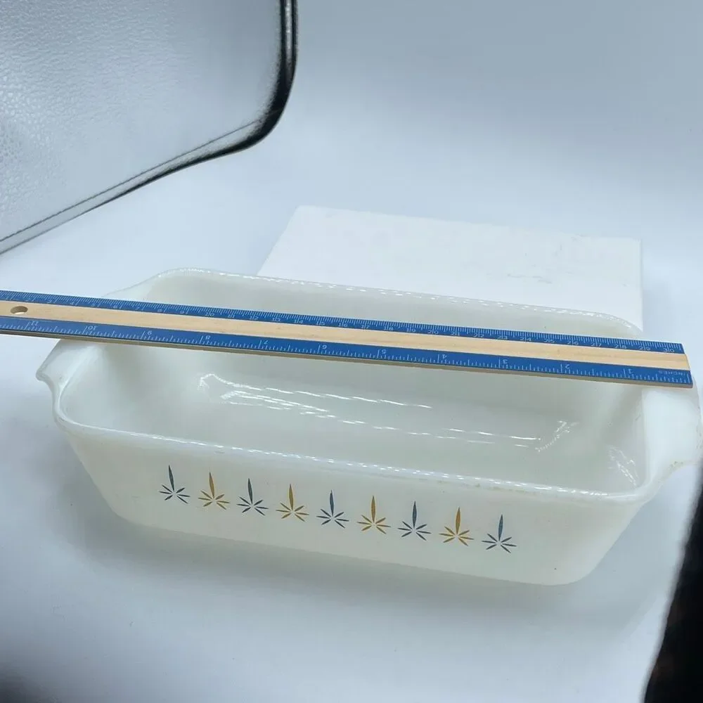 Vintage Fire-King loaf pan “Candle Glow” pattern Anchor Hoking 1960.